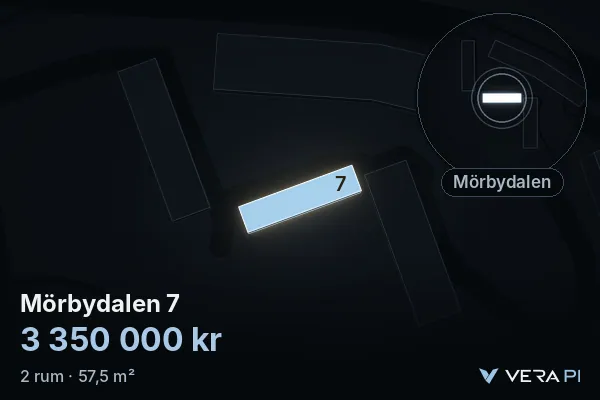 VERA PI:s bild av Mörbydalen 7: huset i 3D, upplyst i blått, och kartan runt omkring
