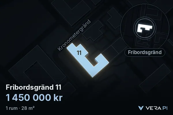 VERA PI's image of Fribordsgränd 11: the building in 3D, lit in blue, and the map around it