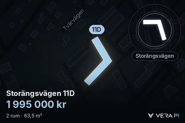 VERA PI:s bild av Storängsvägen 11D: huset i 3D, upplyst i blått, och kartan runt omkring