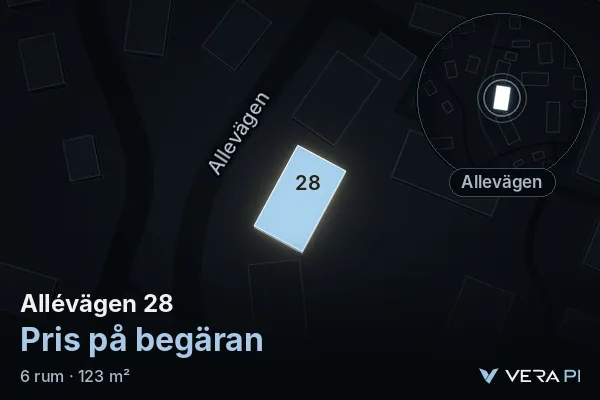 VERA PI:s bild av Allévägen 28: huset i 3D, upplyst i blått, och kartan runt omkring