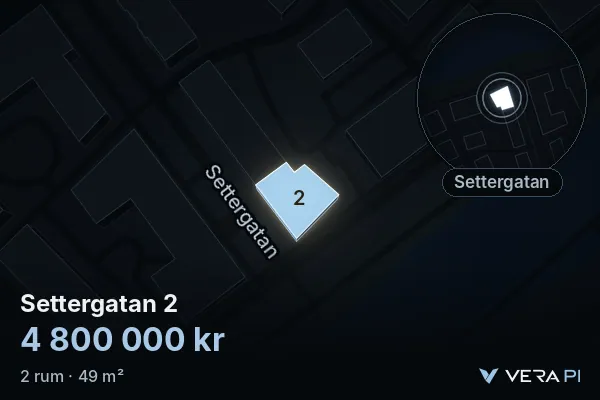 VERA PI's image of Settergatan 2: the building in 3D, lit in blue, and the map around it