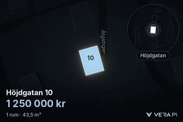 VERA PI:s bild av Höjdgatan 10: huset i 3D, upplyst i blått, och kartan runt omkring