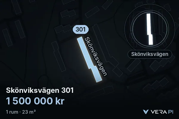 VERA PI:s bild av Skönviksvägen 301: huset i 3D, upplyst i blått, och kartan runt omkring