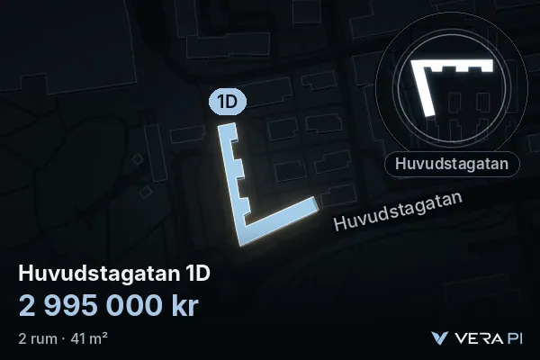 VERA PI:s bild av Huvudstagatan 1D: huset i 3D, upplyst i blått, och kartan runt omkring