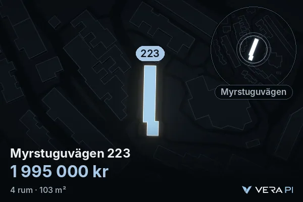 VERA PI:s bild av Myrstuguvägen 223: huset i 3D, upplyst i blått, och kartan runt omkring