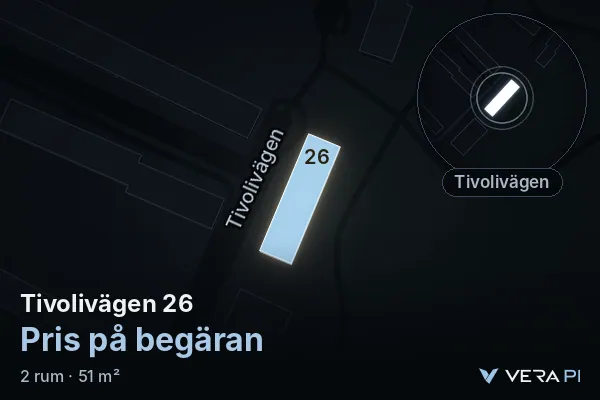 VERA PI's image of Tivolivägen 26: the building in 3D, lit in blue, and the map around it