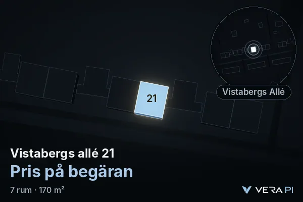 VERA PI:s bild av Vistabergs allé 21: huset i 3D, upplyst i blått, och kartan runt omkring