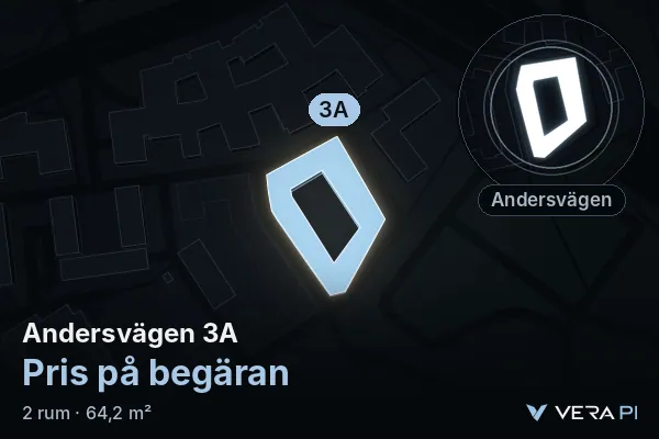 VERA PI's image of Andersvägen 3A: the building in 3D, lit in blue, and the map around it