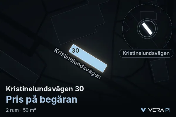 VERA PI:s bild av Kristinelundsvägen 30: huset i 3D, upplyst i blått, och kartan runt omkring