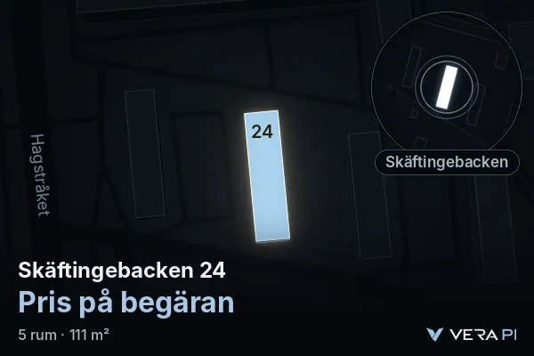 VERA PI:s bild av Skäftingebacken 24: huset i 3D, upplyst i blått, och kartan runt omkring