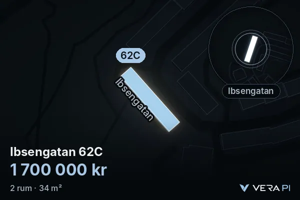 VERA PI:s bild av Ibsengatan 62C: huset i 3D, upplyst i blått, och kartan runt omkring