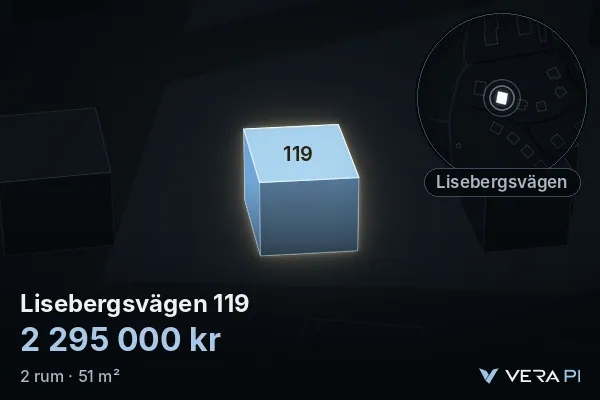 VERA PI's image of Lisebergsvägen 119: the building in 3D, lit in blue, and the map around it
