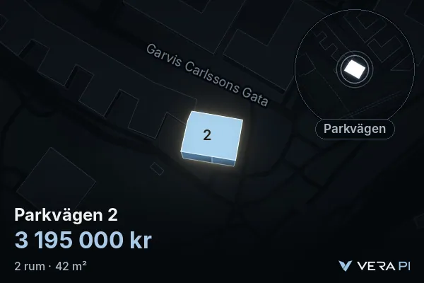 VERA PI's image of Parkvägen 2: the building in 3D, lit in blue, and the map around it