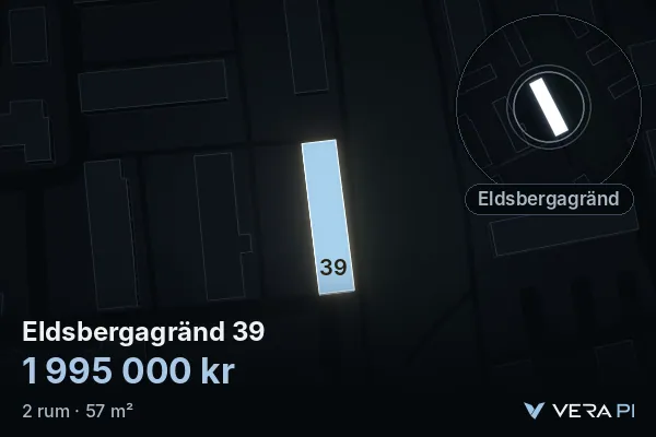 VERA PI:s bild av Eldsbergagränd 39: huset i 3D, upplyst i blått, och kartan runt omkring