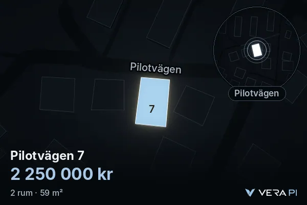 VERA PI's image of Pilotvägen 7: the building in 3D, lit in blue, and the map around it