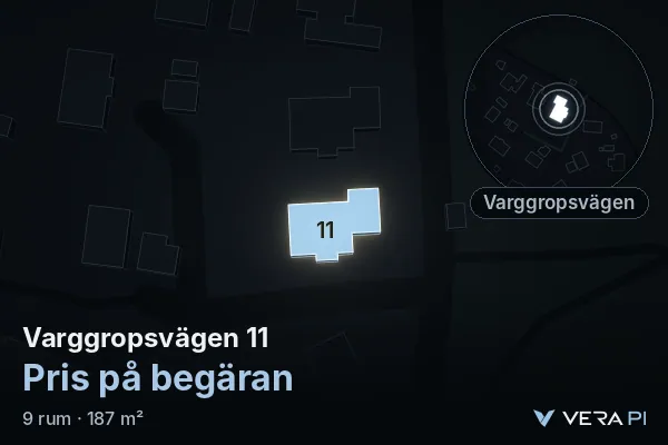 VERA PI's image of Varggropsvägen 11: the building in 3D, lit in blue, and the map around it