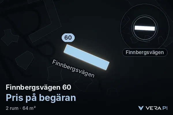 VERA PI:s bild av Finnbergsvägen 60: huset i 3D, upplyst i blått, och kartan runt omkring