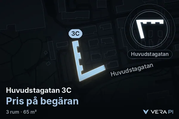 VERA PI's image of Huvudstagatan 3C: the building in 3D, lit in blue, and the map around it