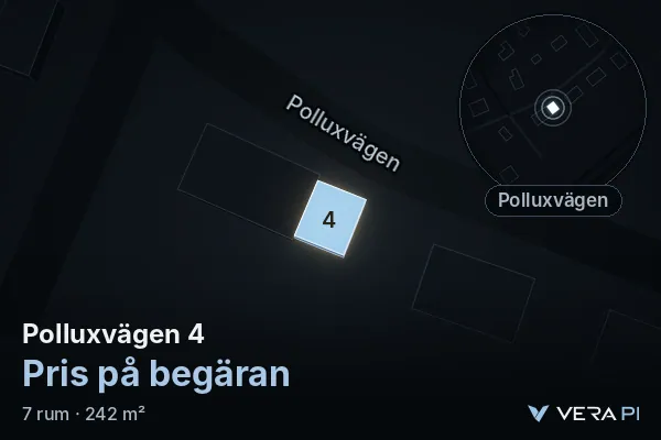 VERA PI:s bild av Polluxvägen 4: huset i 3D, upplyst i blått, och kartan runt omkring