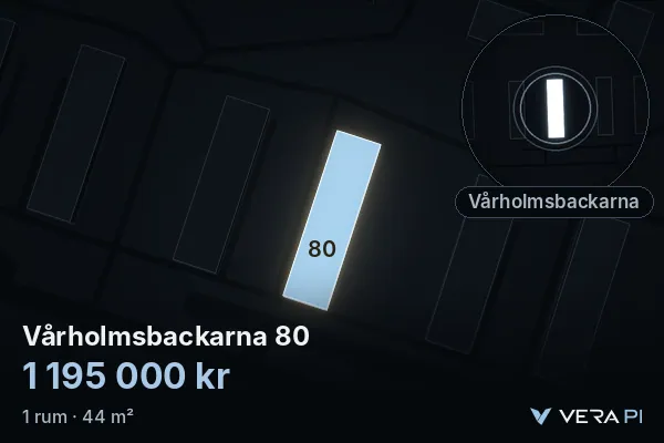 VERA PI:s bild av Vårholmsbackarna 80: huset i 3D, upplyst i blått, och kartan runt omkring