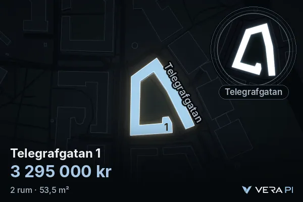 VERA PI's image of Telegrafgatan 1: the building in 3D, lit in blue, and the map around it