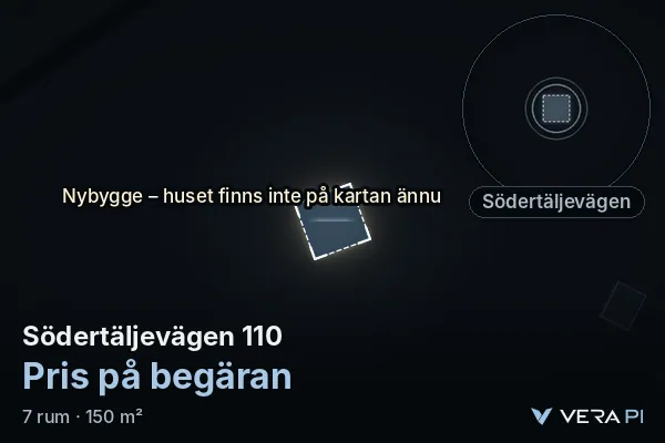 VERA PI:s bild av Södertäljevägen 110: huset i 3D, upplyst i blått, och kartan runt omkring