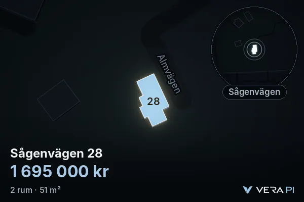 VERA PI:s bild av Sågenvägen 28: huset i 3D, upplyst i blått, och kartan runt omkring