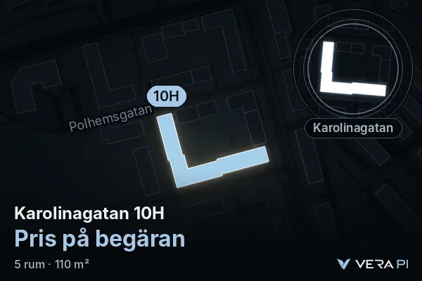 VERA PI:s bild av Karolinagatan 10H: huset i 3D, upplyst i blått, och kartan runt omkring
