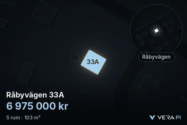 VERA PI:s bild av Råbyvägen 33A: huset i 3D, upplyst i blått, och kartan runt omkring