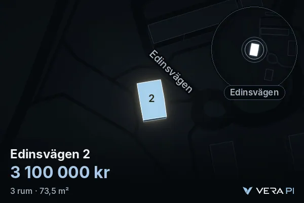 VERA PI:s bild av Edinsvägen 2: huset i 3D, upplyst i blått, och kartan runt omkring