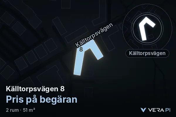 VERA PI's image of Källtorpsvägen 8: the building in 3D, lit in blue, and the map around it