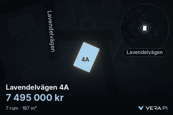 VERA PI's image of Lavendelvägen 4A: the building in 3D, lit in blue, and the map around it
