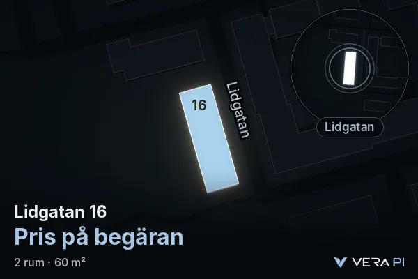 VERA PI's image of Lidgatan 16: the building in 3D, lit in blue, and the map around it