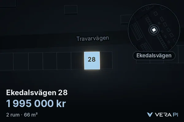 VERA PI's image of Ekedalsvägen 28: the building in 3D, lit in blue, and the map around it