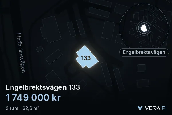 VERA PI's image of Engelbrektsvägen 133: the building in 3D, lit in blue, and the map around it