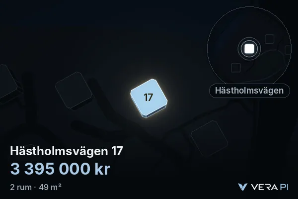 VERA PI:s bild av Hästholmsvägen 17: huset i 3D, upplyst i blått, och kartan runt omkring
