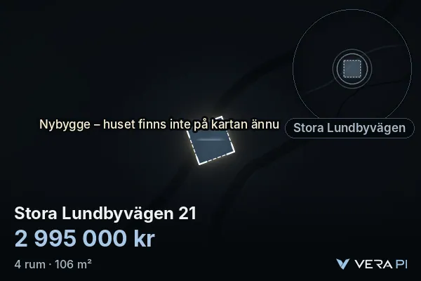 VERA PI:s bild av Stora Lundbyvägen 21: huset i 3D, upplyst i blått, och kartan runt omkring