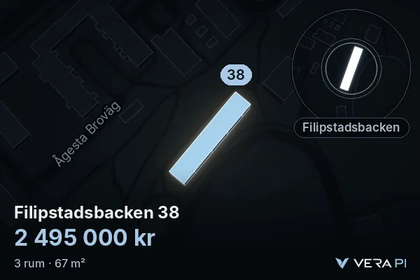 VERA PI:s bild av Filipstadsbacken 38: huset i 3D, upplyst i blått, och kartan runt omkring
