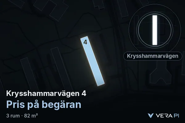 VERA PI:s bild av Krysshammarvägen 4: huset i 3D, upplyst i blått, och kartan runt omkring