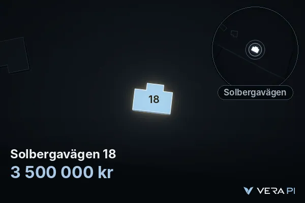 VERA PI's image of Solbergavägen 18: the building in 3D, lit in blue, and the map around it