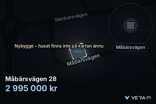 VERA PI's image of Måbärsvägen 28: the building in 3D, lit in blue, and the map around it