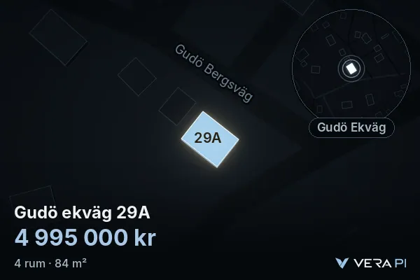 VERA PI:s bild av Gudö ekväg 29A: huset i 3D, upplyst i blått, och kartan runt omkring