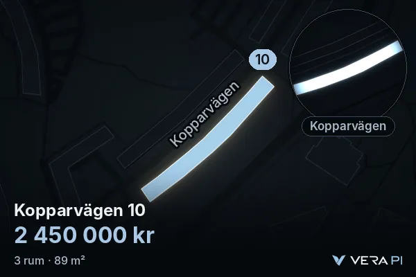 VERA PI's image of Kopparvägen 10: the building in 3D, lit in blue, and the map around it