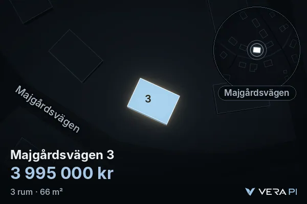 VERA PI:s bild av Majgårdsvägen 3: huset i 3D, upplyst i blått, och kartan runt omkring