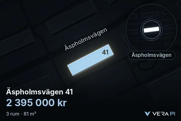 VERA PI:s bild av Äspholmsvägen 41: huset i 3D, upplyst i blått, och kartan runt omkring