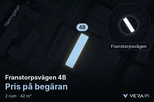 VERA PI:s bild av Franstorpsvägen 4B: huset i 3D, upplyst i blått, och kartan runt omkring