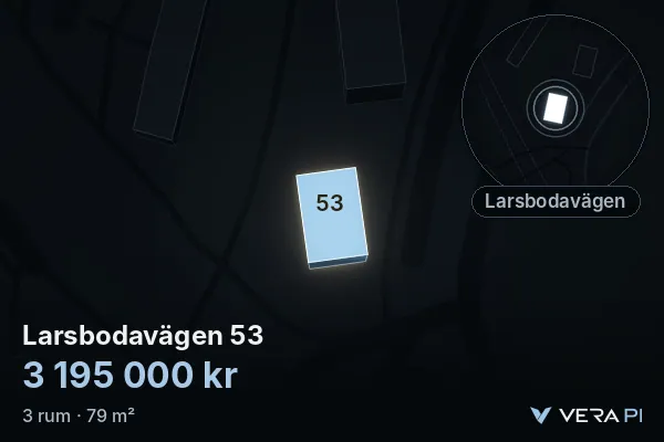 VERA PI:s bild av Larsbodavägen 53: huset i 3D, upplyst i blått, och kartan runt omkring