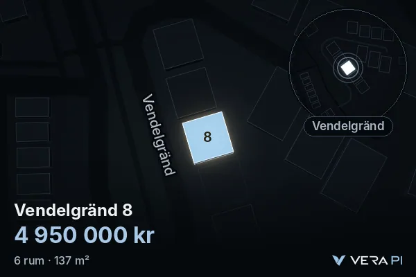VERA PI's image of Vendelgränd 8: the building in 3D, lit in blue, and the map around it