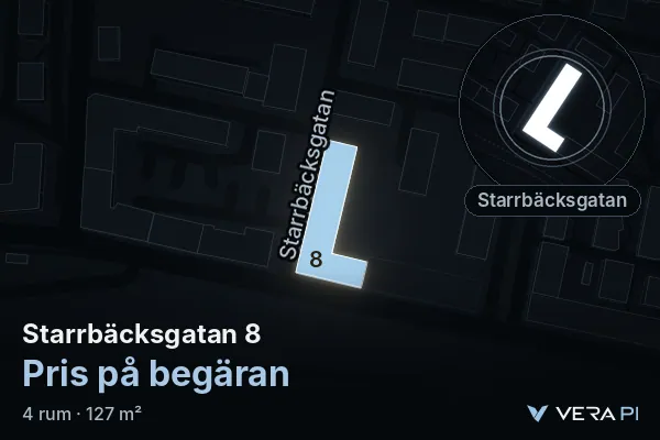 VERA PI:s bild av Starrbäcksgatan 8: huset i 3D, upplyst i blått, och kartan runt omkring