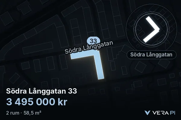 VERA PI's image of Södra Långgatan 33: the building in 3D, lit in blue, and the map around it
